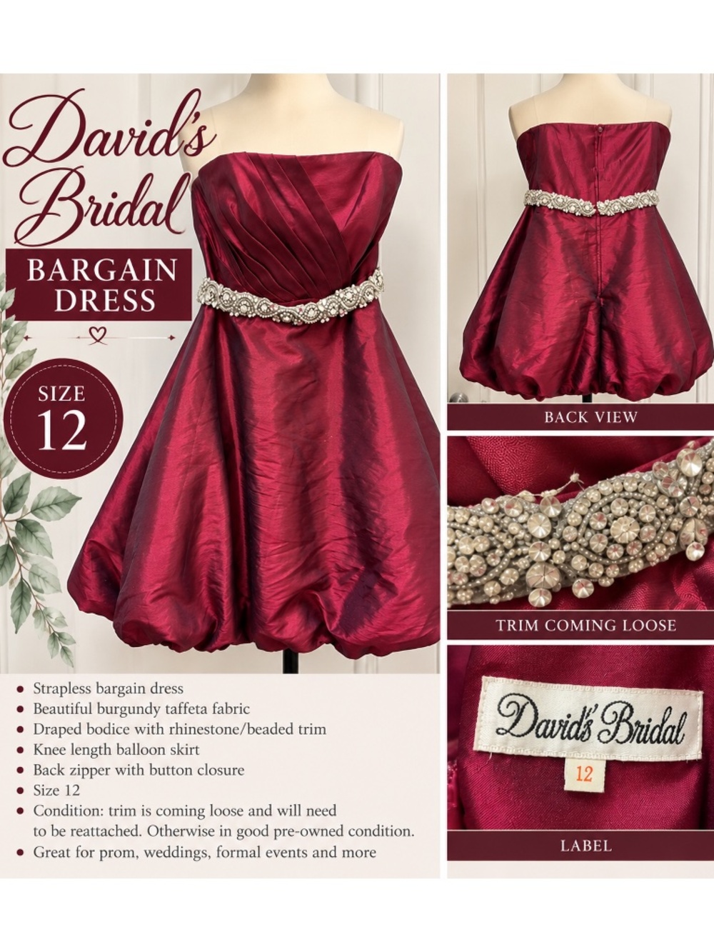 ✨ DAVID’S BRIDAL BURGUNDY FORMAL DRESS SIZE 12 ✨
